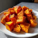 A close-up of perfectly caramelized, seasoned roasted sweet potatoes cubes piled on a white plate.