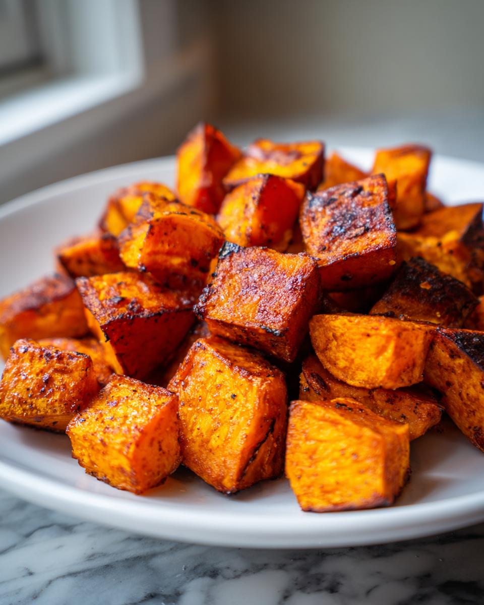 Close-up of perfectly seasoned and caramelized roasted sweet potatoes cubes piled on a white plate.