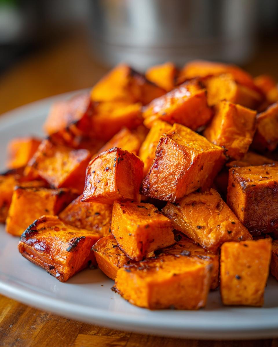 Close-up of perfectly caramelized, cubed roasted sweet potatoes seasoned with herbs.