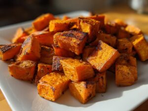 Close-up of beautifully caramelized roasted sweet potatoes cubes piled on a white plate.