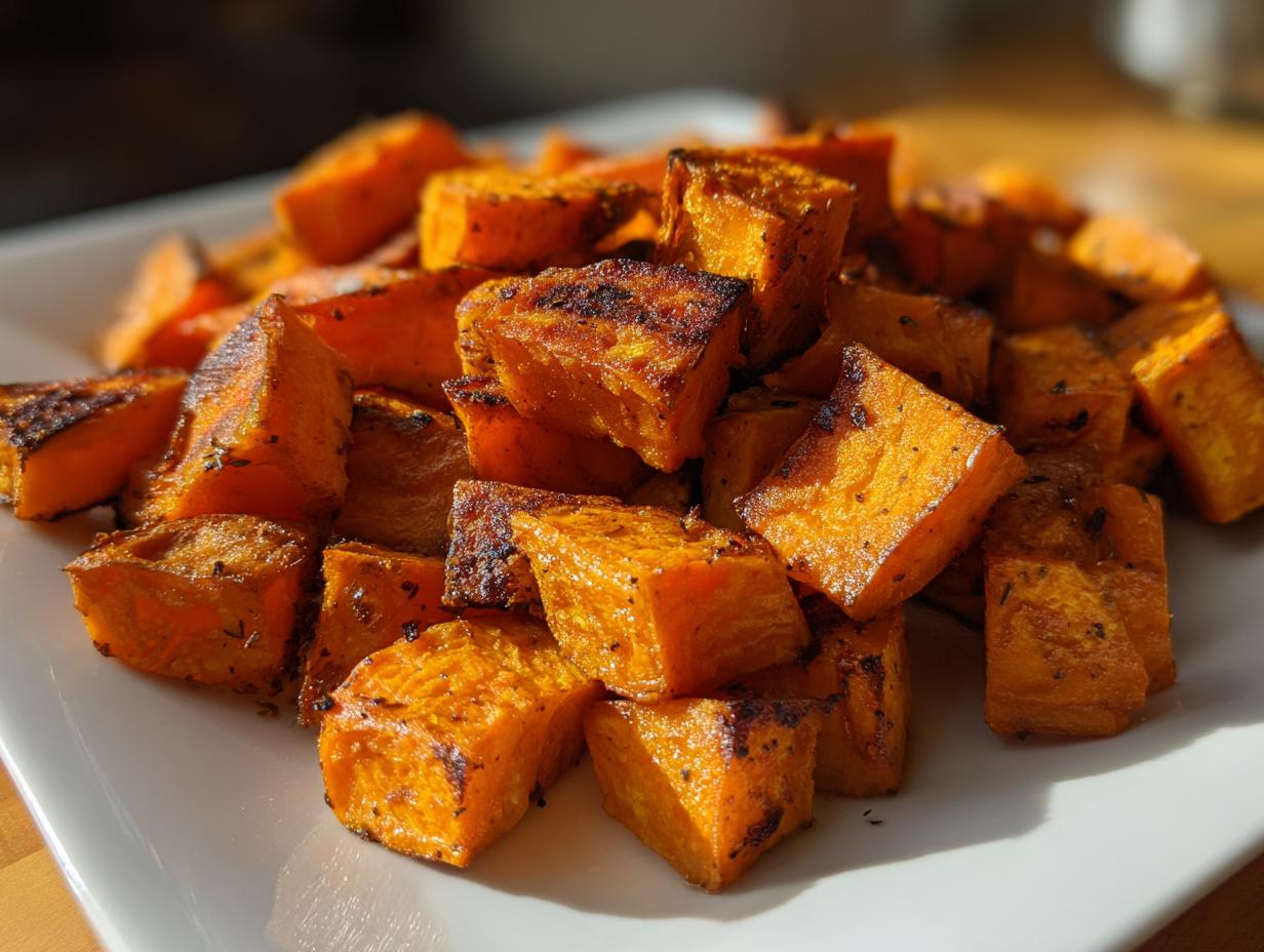 Close-up of beautifully caramelized roasted sweet potatoes cubes piled on a white plate.