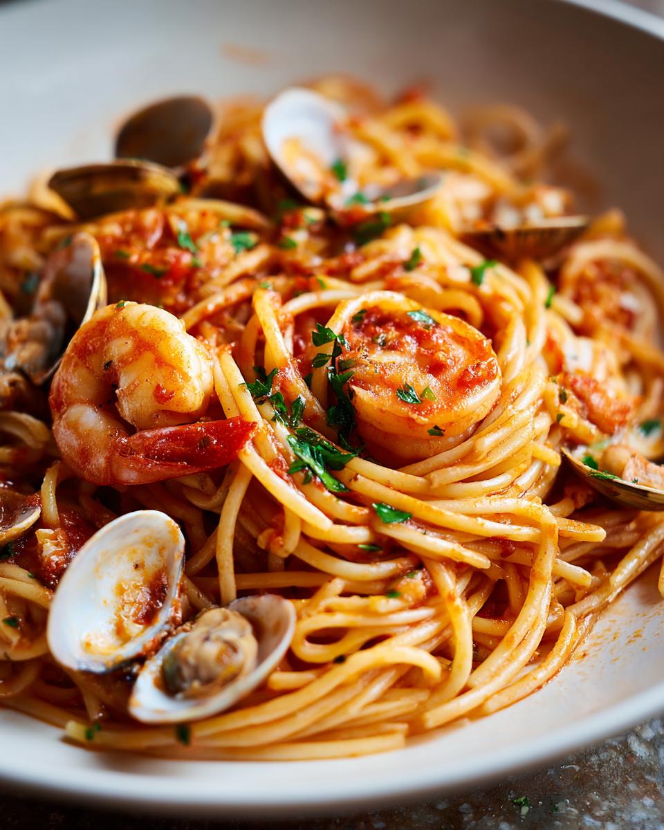 A close-up of a bowl of delicious seafood pasta tossed in a rich tomato sauce with visible shrimp and clams.