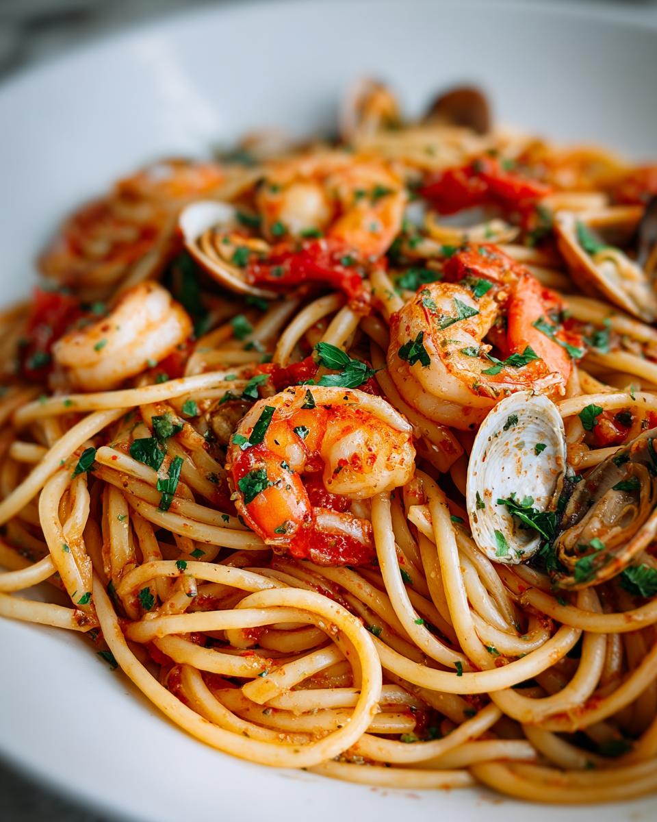 A close-up, appetizing shot of seafood pasta featuring plump shrimp and clams tossed in a light tomato sauce and garnished with parsley.