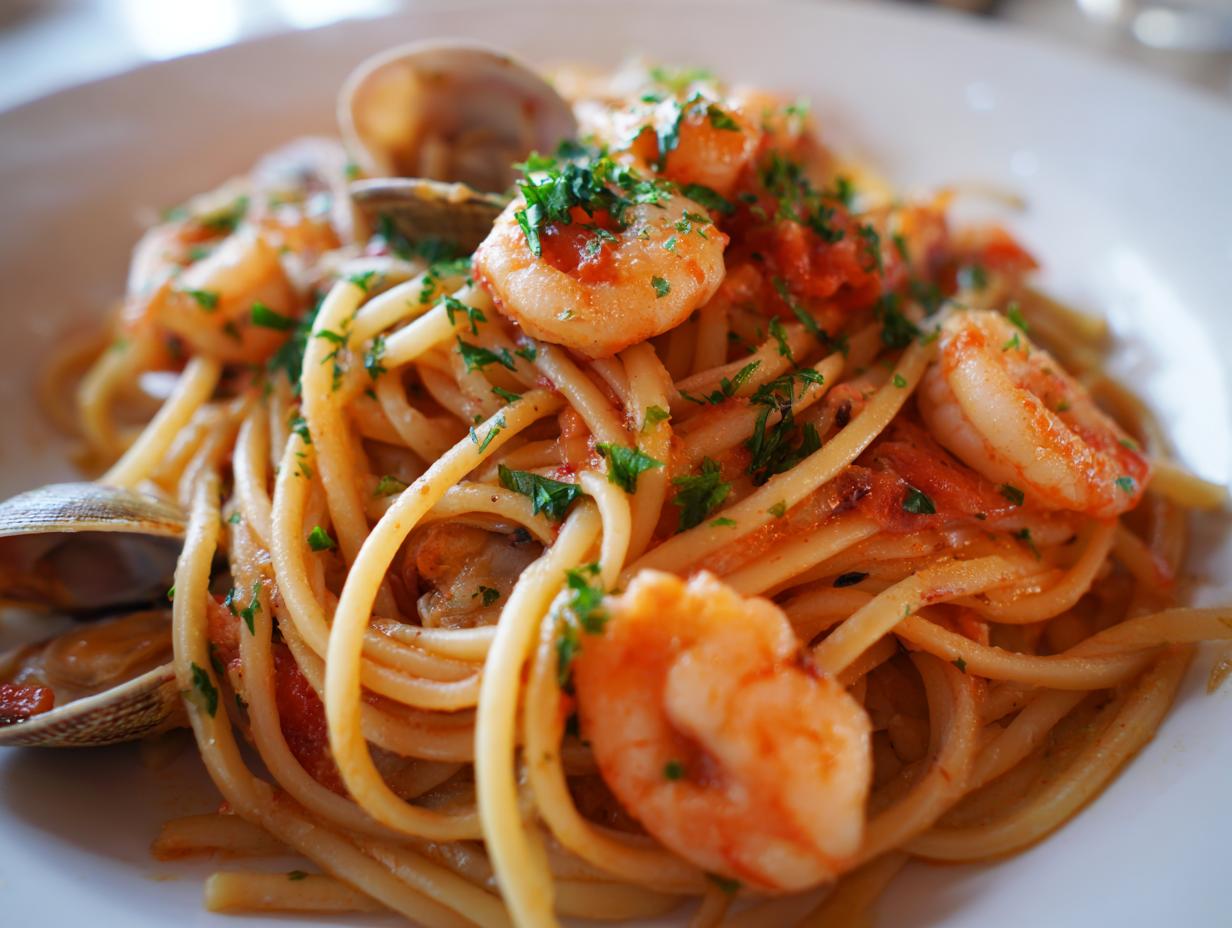 Close-up of a plate featuring delicious seafood pasta tossed in a light tomato sauce with plump shrimp and clams, garnished with fresh parsley.