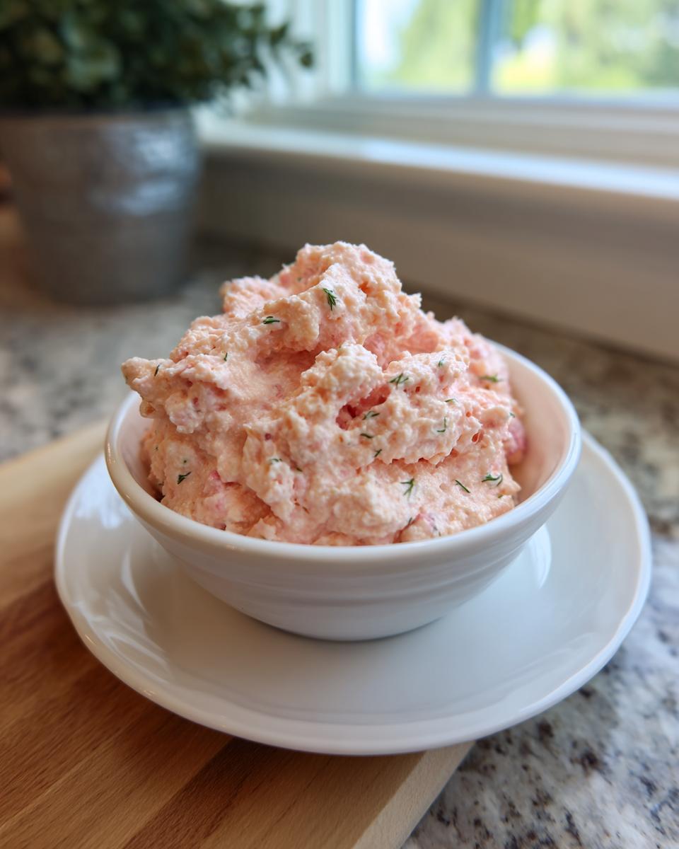 A bowl of creamy, pink smoked salmon dip garnished with dill, ready to serve.