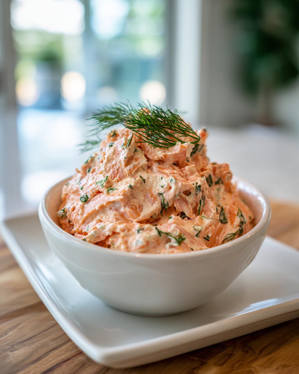 A fluffy mound of creamy smoked salmon dip garnished with fresh dill, served in a white bowl.