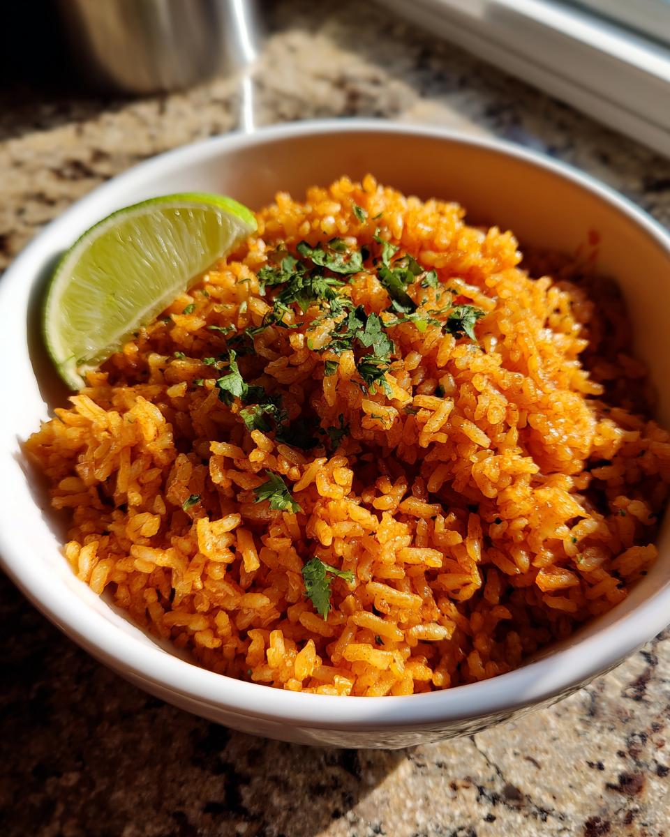 A white bowl filled with bright orange Spanish rice, garnished with chopped cilantro and a lime wedge.