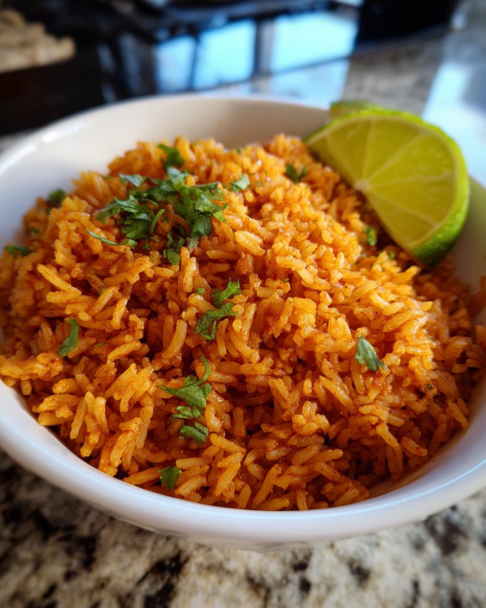 A close-up of a white bowl filled with vibrant orange Spanish rice, garnished with fresh cilantro and a lime wedge.