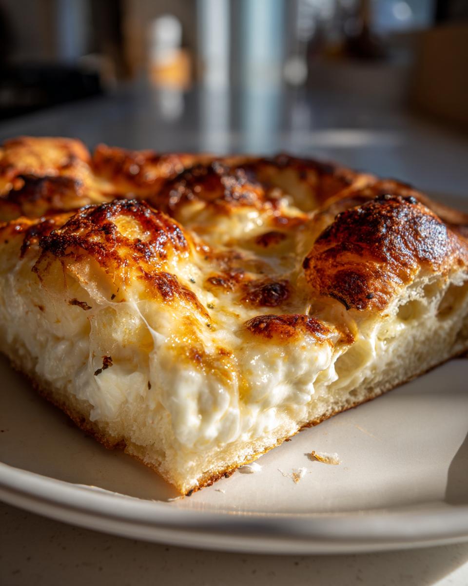 Close-up of a thick slice of amazing 3-cheese white pizza featuring a bubbly, browned cheese topping and thick crust.