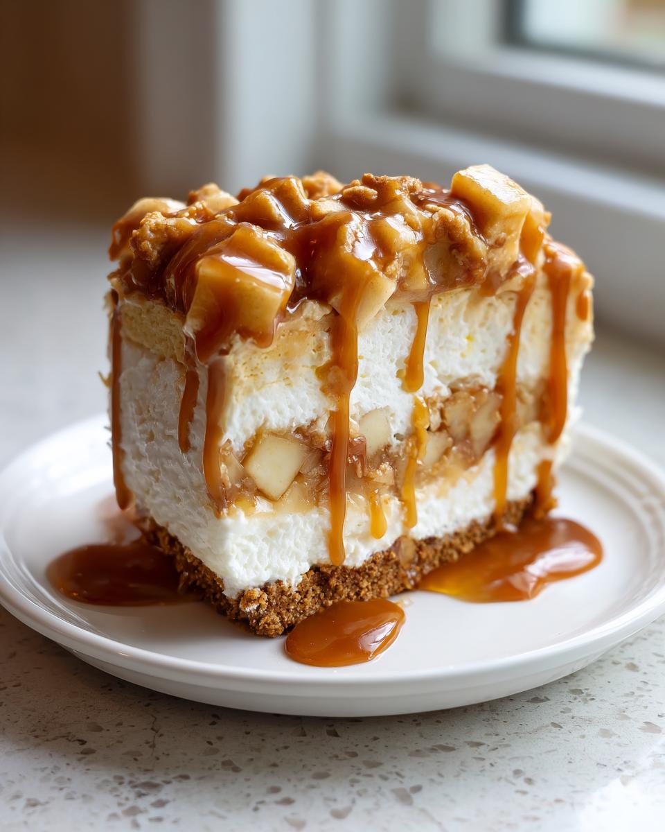 A tall slice of apple pie cheesecake with layers of cream, apple filling, and a graham cracker crust, drizzled heavily with caramel sauce.