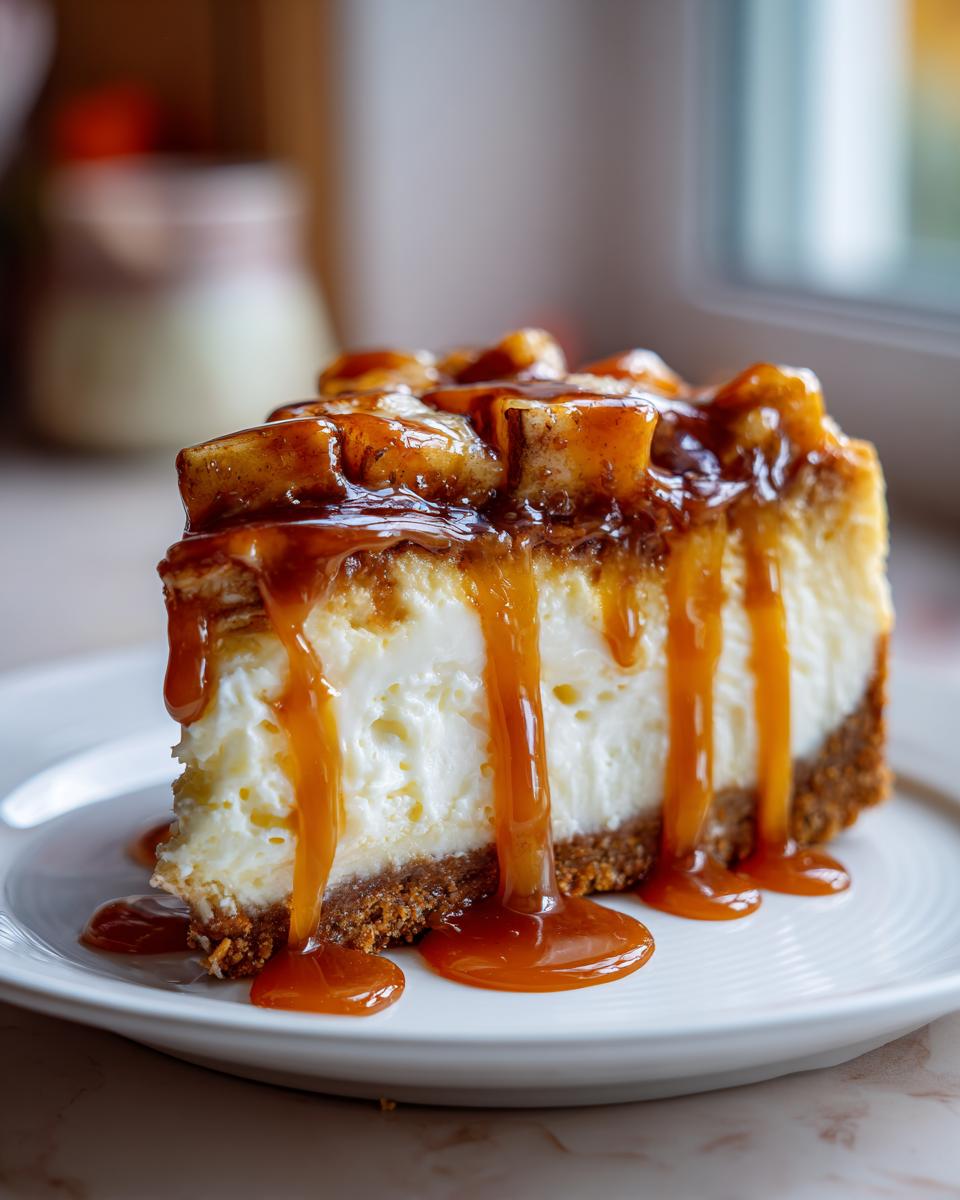 A decadent slice of apple pie cheesecake topped with spiced apples and dripping with rich caramel sauce.