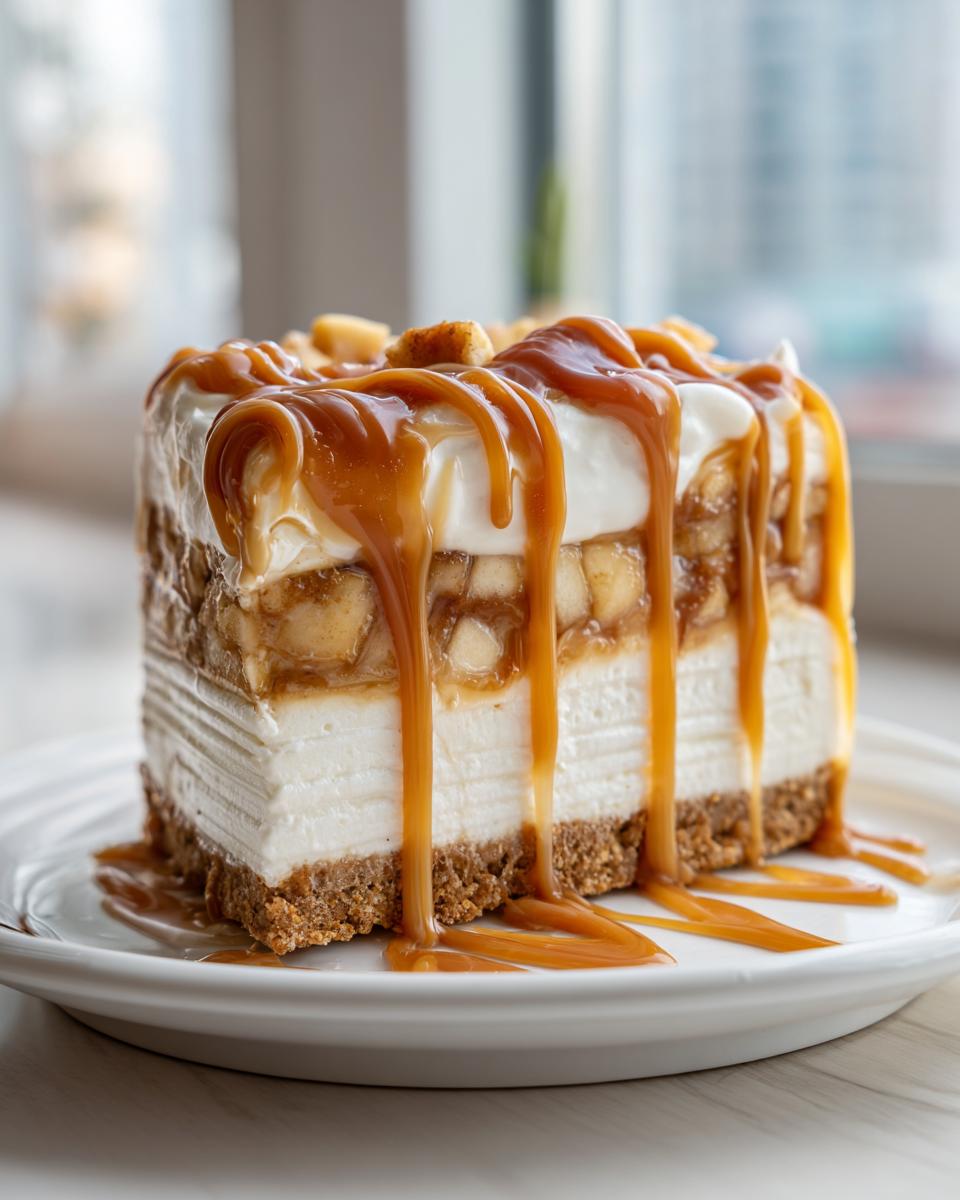 A decadent slice of apple pie cheesecake layered with graham cracker crust, creamy filling, apple topping, and generous caramel drizzle.