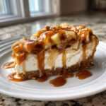 A decadent slice of apple pie cheesecake topped with spiced apples and dripping caramel sauce.