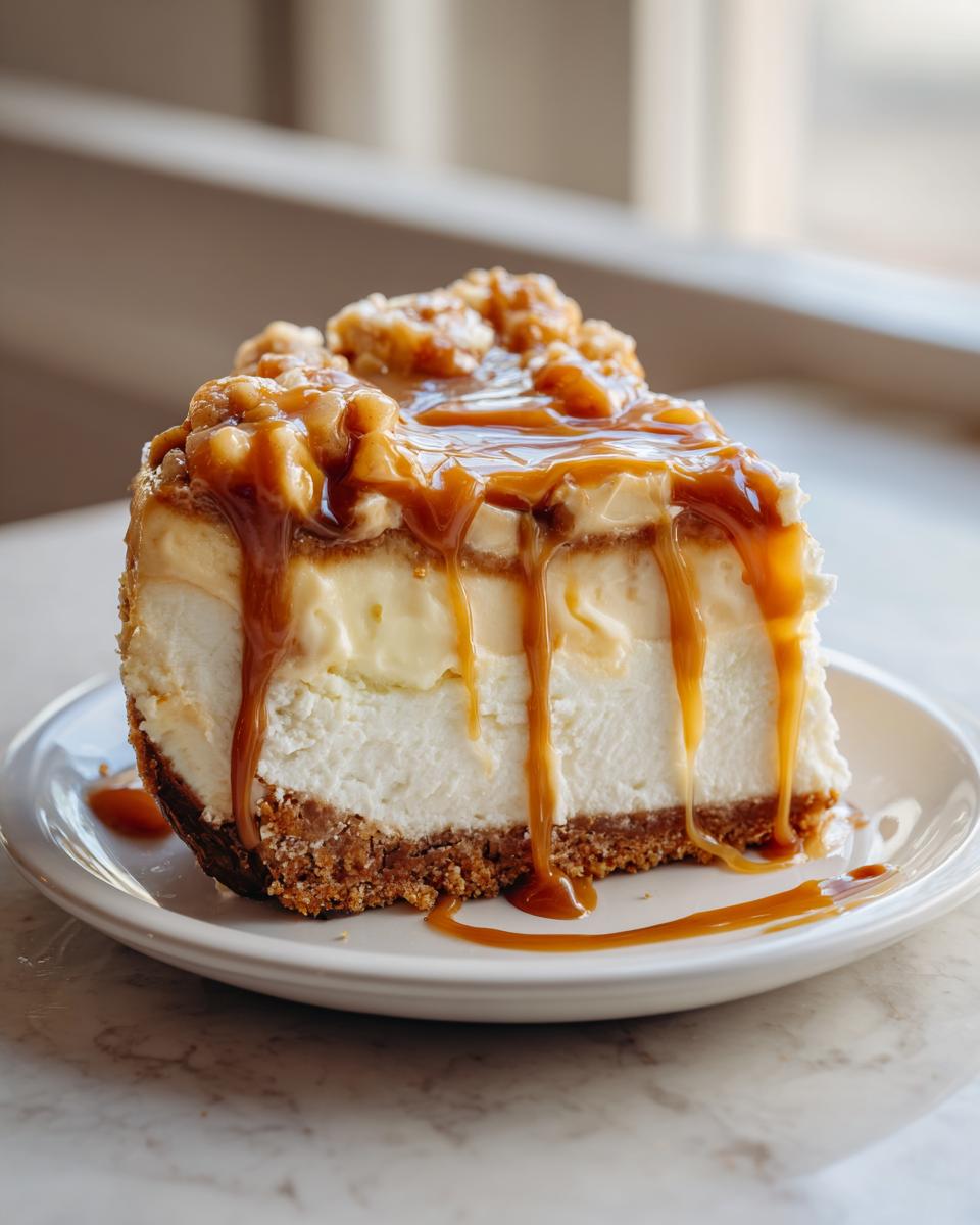 A decadent slice of apple pie cheesecake topped with caramel sauce and crunchy nuts.