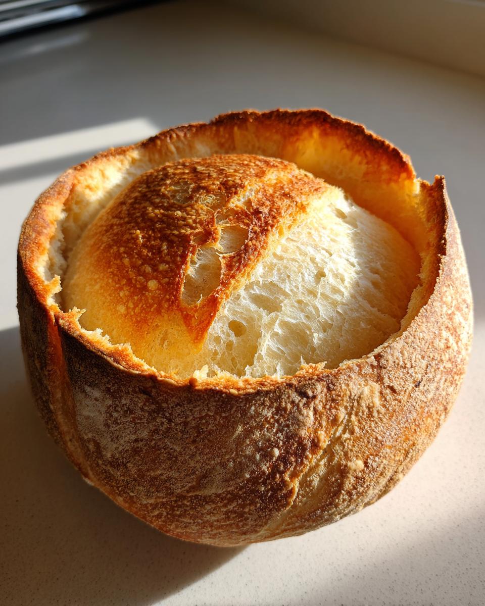 Close-up of a freshly baked, round bread bowl with a golden-brown crust, ready to hold soup.