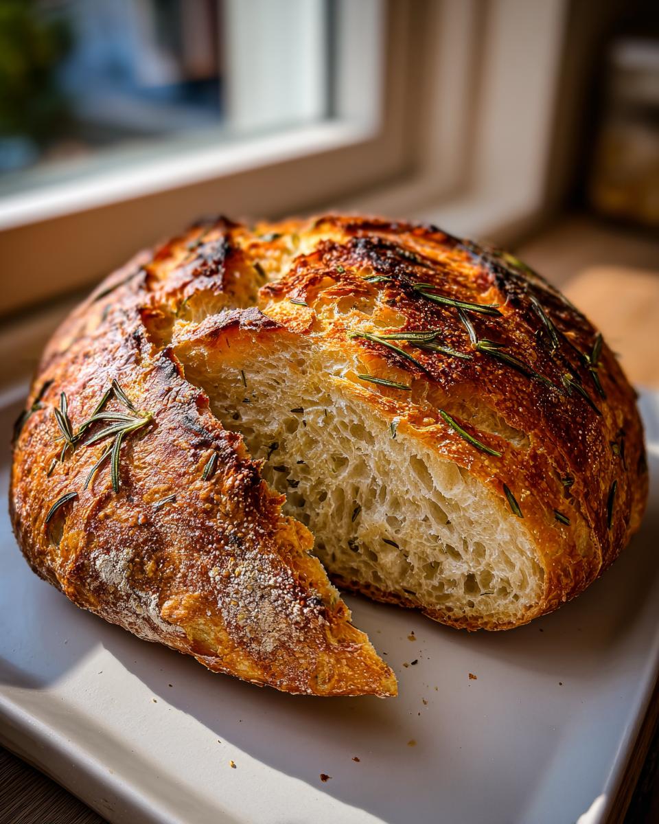 A golden-brown, round loaf of artisan bread with a deeply caramelized crust topped with rosemary, sliced open to show the airy interior.