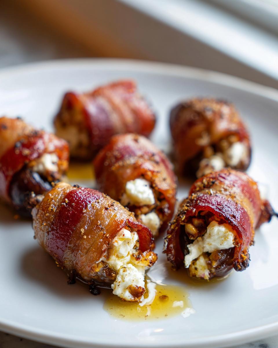 Six bacon wrapped stuffed dates filled with creamy cheese, drizzled with glaze, served on a white plate.