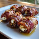 Close-up of crispy bacon wrapped stuffed dates with creamy filling and chopped nuts on a white plate.