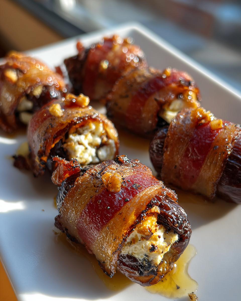 Close-up of several crispy, bacon-wrapped stuffed dates filled with creamy cheese, glistening with glaze.