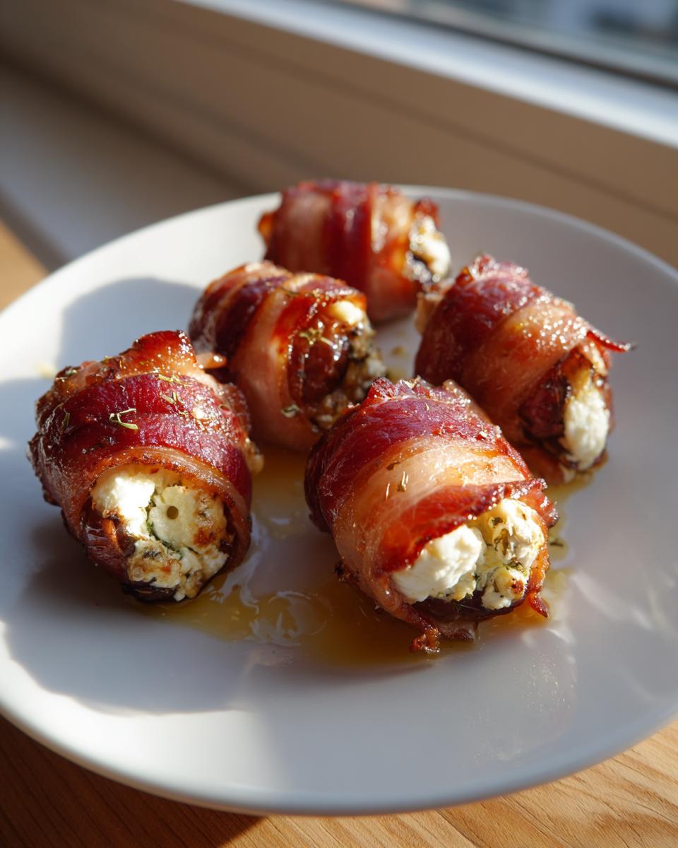 Five crispy bacon wrapped stuffed dates filled with creamy cheese, glistening with glaze on a white plate.