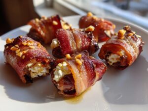 Five glistening, bacon-wrapped stuffed dates filled with cheese and topped with chopped nuts, ready to serve.