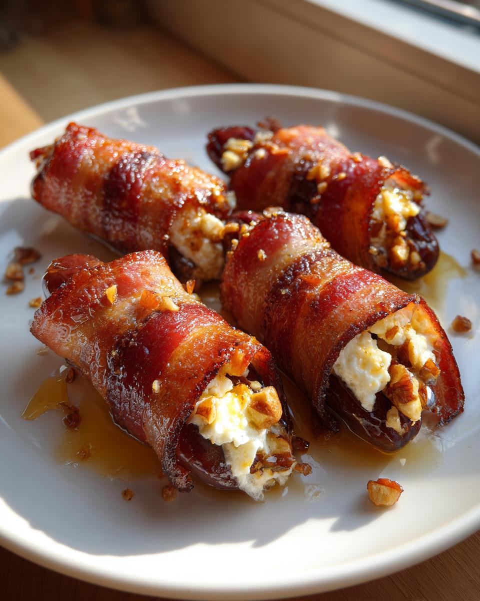 Four perfectly cooked bacon wrapped stuffed dates filled with cheese and nuts, drizzled with honey.