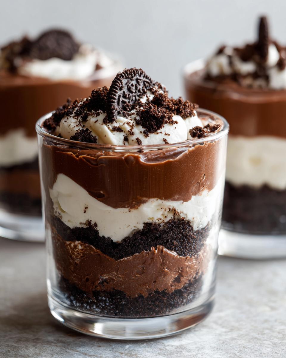 Close-up of a layered Baileys Chocolate Cheesecake Trifle in a glass, topped with whipped cream and an Oreo cookie.