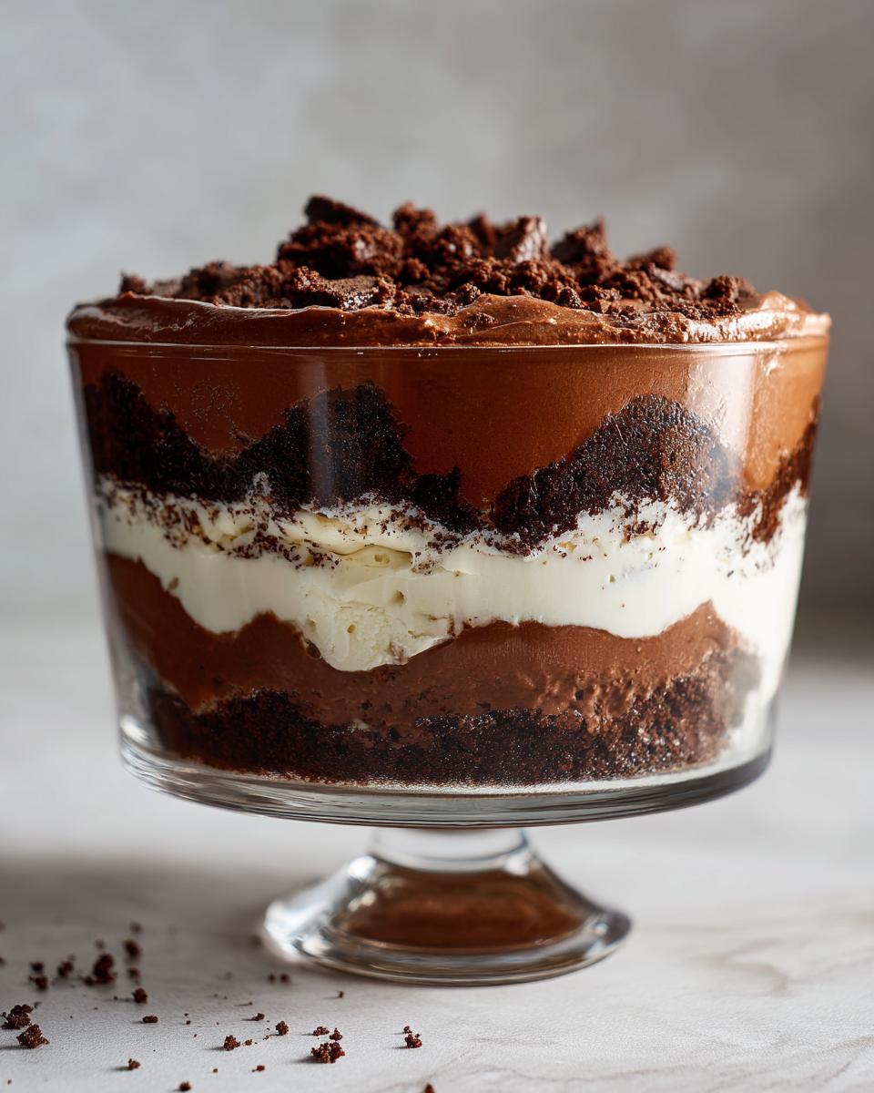Close-up of a Baileys Chocolate Cheesecake Trifle showing distinct layers of dark chocolate cake, white cream, and chocolate mousse, topped with crumbs.