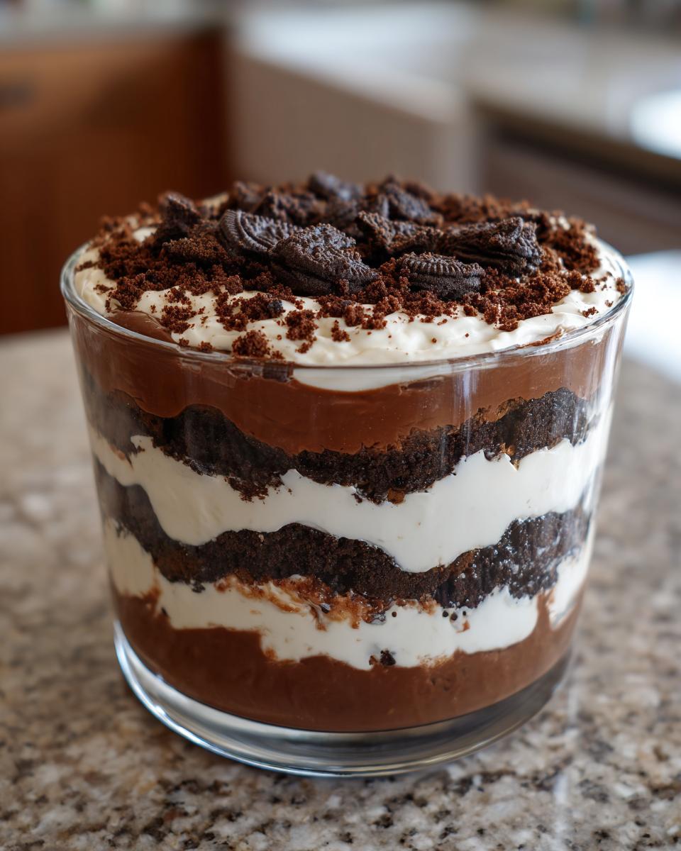 A close-up of a layered Baileys Chocolate Cheesecake Trifle featuring chocolate pudding, cream, and crushed cookies.