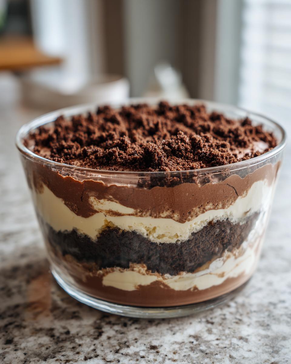 Close-up of a layered Baileys Chocolate Cheesecake Trifle featuring chocolate cake, cream, and a crumb topping in a glass bowl.