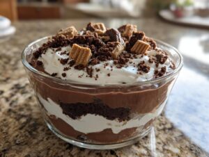 A layered Baileys Chocolate Cheesecake Trifle featuring chocolate pudding, cream, and crumbled toppings in a clear glass bowl.