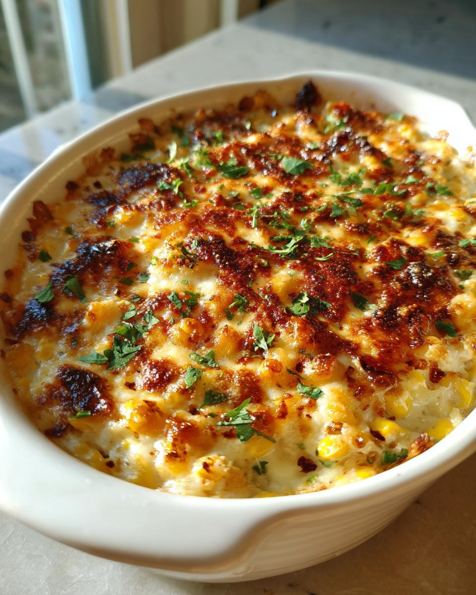 A close-up of a freshly baked, bubbling elote dip topped with browned cheese and fresh parsley in a white oval baking dish.