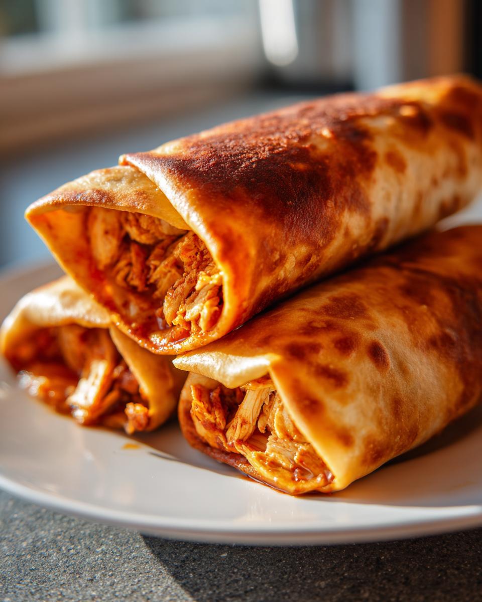 Close-up of three golden-brown Baked Chicken Chimichangas stacked on a white plate, showing shredded chicken filling.