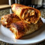 Close-up of three crispy Baked Chicken Chimichangas on a white plate, one cut open showing shredded chicken and melted cheese.