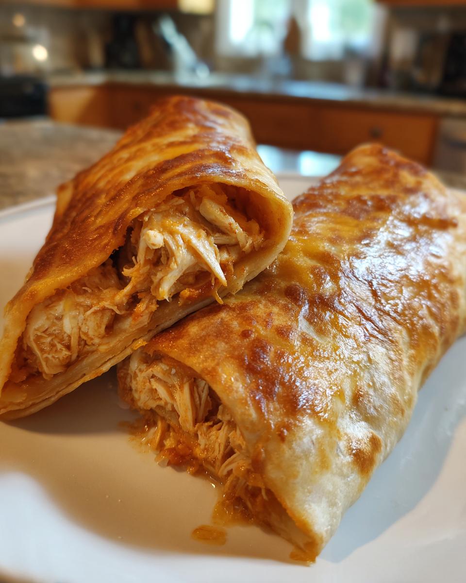 Close-up of two golden brown Baked Chicken Chimichangas, one cut open revealing shredded, saucy chicken filling.