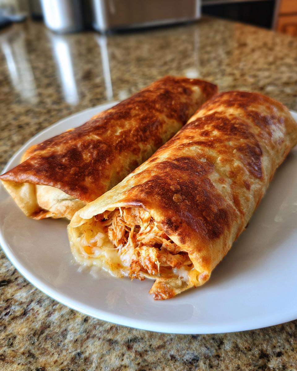 Two golden brown Baked Chicken Chimichangas served on a white plate, one cut open showing shredded chicken filling.