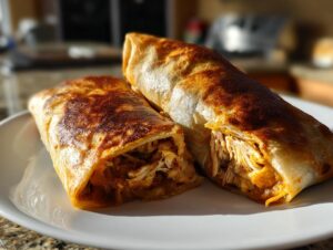 Two halves of a golden brown, crispy Baked Chicken Chimichangas showing shredded seasoned chicken filling.