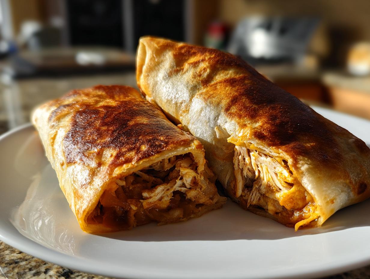 Two halves of a golden brown, crispy Baked Chicken Chimichangas showing shredded seasoned chicken filling.