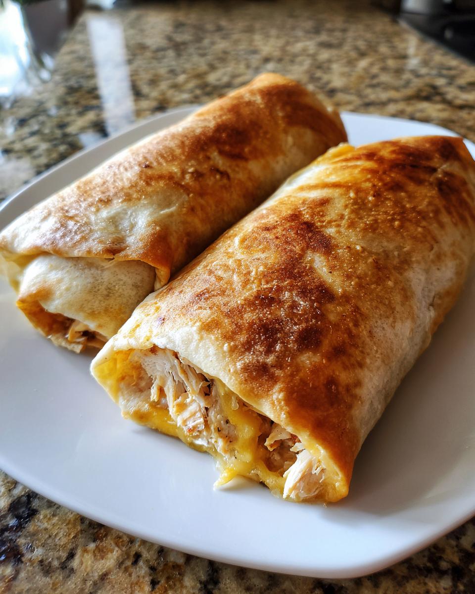 Two golden brown Baked Chicken Chimichangas filled with shredded chicken and melted cheese, served on a white plate.