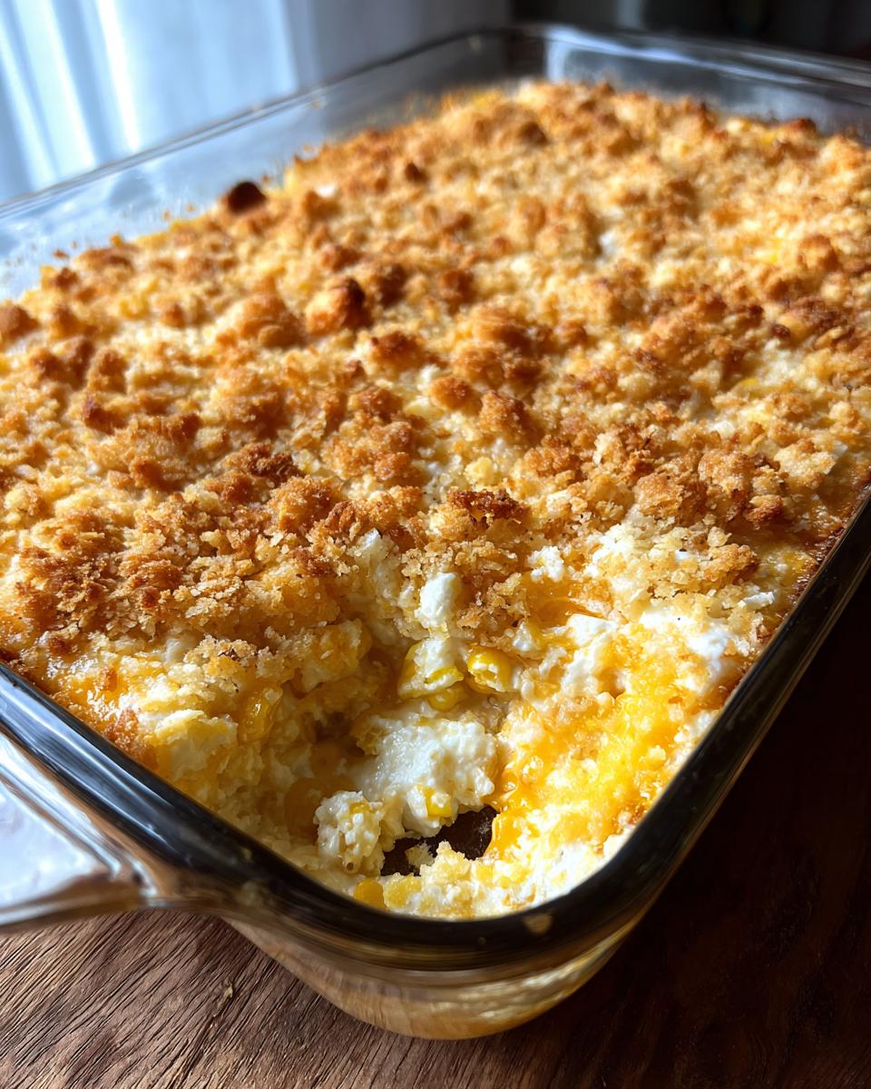 Close-up of a baked cream cheese corn casserole in a glass dish, showing a scoop removed to reveal creamy corn and a golden crumb topping.