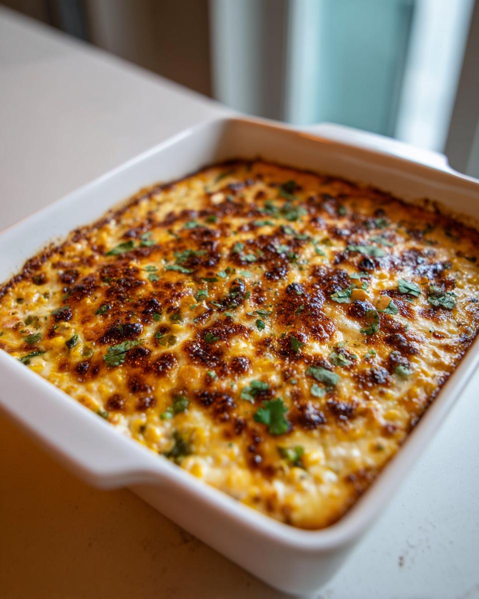 A close-up of a hot, bubbly elote dip baked to a golden brown with charred cheese spots and fresh cilantro garnish.