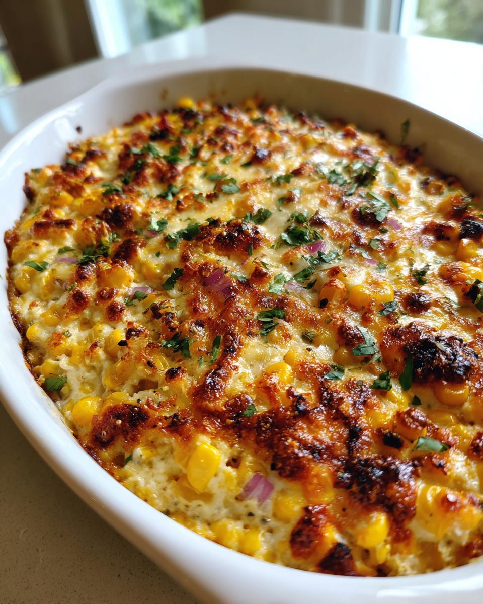 Close-up of hot, baked elote dip in a white oval dish, featuring corn, creamy sauce, and a browned, cheesy crust.