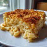 A close-up of a creamy slice of baked mac and cheese featuring elbow macaroni coated in cheese sauce and topped with a golden brown, crispy crust.