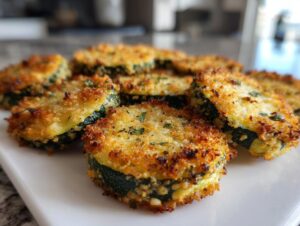Close-up of crispy, golden baked parmesan zucchini slices arranged on a white platter.
