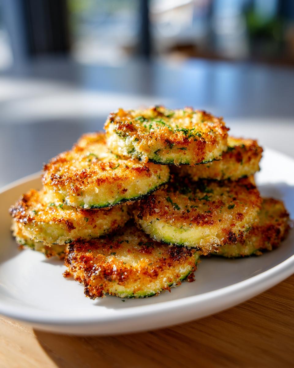A stack of golden brown baked parmesan zucchini slices sprinkled with green herbs on a white plate.