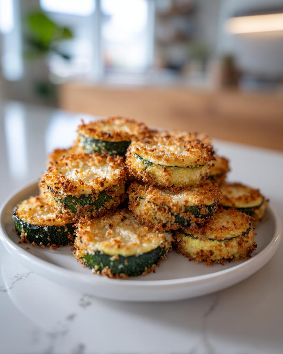 A stack of crispy, golden baked parmesan zucchini slices piled high on a white plate.