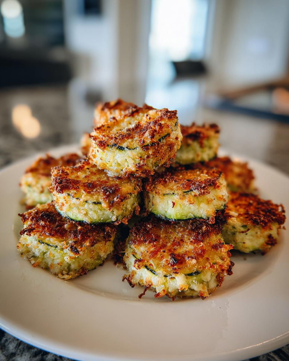 A stack of crispy, golden baked parmesan zucchini rounds piled high on a white plate.