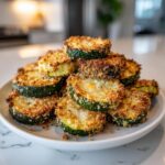 A tall stack of golden brown baked parmesan zucchini slices piled high on a white plate.