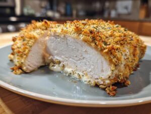 Close-up of a juicy baked ranch chicken breast cut in half, showing a crispy, herbed crust and moist white meat.