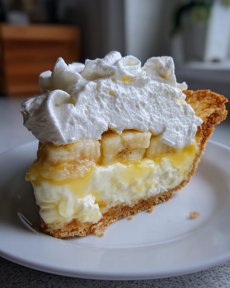 A close-up of a generous slice of banana cream pie showing layers of crust, custard, sliced bananas, and a tall swirl of whipped cream.